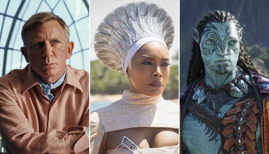 Daniel Craig in the film Glass Onion: A Knives Out Mystery; Angela Bassett in Black Panther: Wakanda Forever; a scene from Avatar: The Way of Water