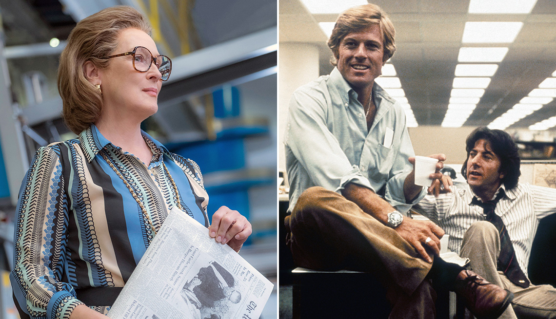 Meryl Streep holding a newspaper in The Post and Robert Redford and Dustin Hoffman seated in a newsroom in All the President's Men