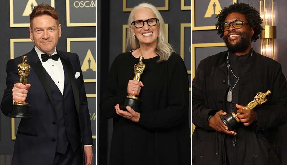 Side by side photos of Kenneth Branagh, Jane Campion and Ahmir Questlove Thompson each holding their Oscar statuette at the 94th Academy Awards 