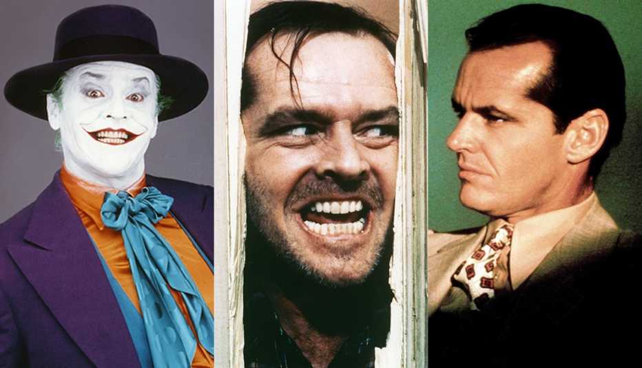 Side by side images of Jack Nicholson in his film roles as the Joker in Batman, Jack Torrance in The Shining and J J Gittes in Chinatown