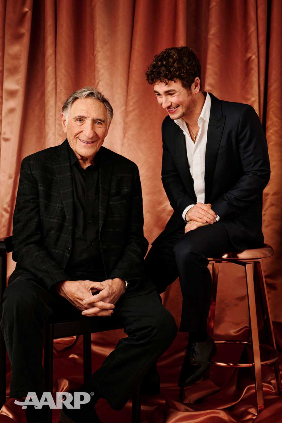 Judd Hirsch and Gabriel LaBelle sit together for a portrait at the AARP Movies for Grownups Awards