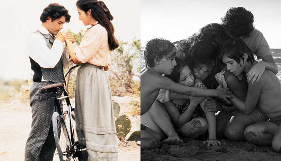 Marco Leonardi and Lumi Cavazos in a scene from the film Like Water for Chocolate and Marco Graf, Daniela Demesa, Yalitza Aparicio, Marina De Tavira, Diego Cortina Autrey and Carlos Peralta Jacobson embrace together as a group on the beach in a scene from the film Roma