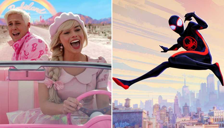 Ryan Gosling and Margot Robbie singing in a car in the film Barbie; Spider-Man webslinging in the air in the animated film Spider-Man: Across the Spider-Verse