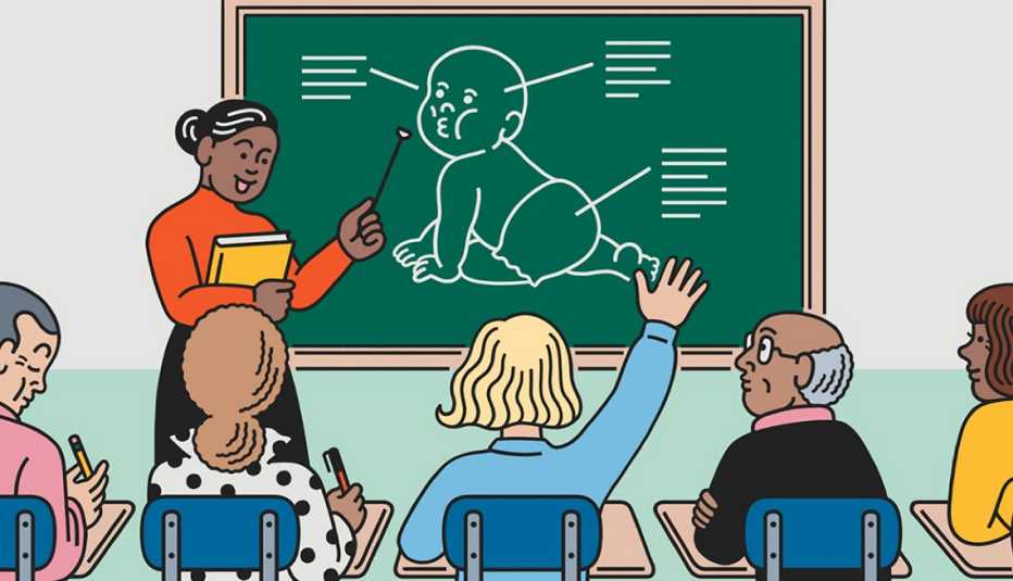 woman pointing to chalkboard drawing of a baby in diapers and teaching a class of grandparents