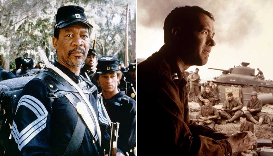 Morgan Freeman starring in the film Glory and Tom Hanks starring in the film Saving Private Ryan