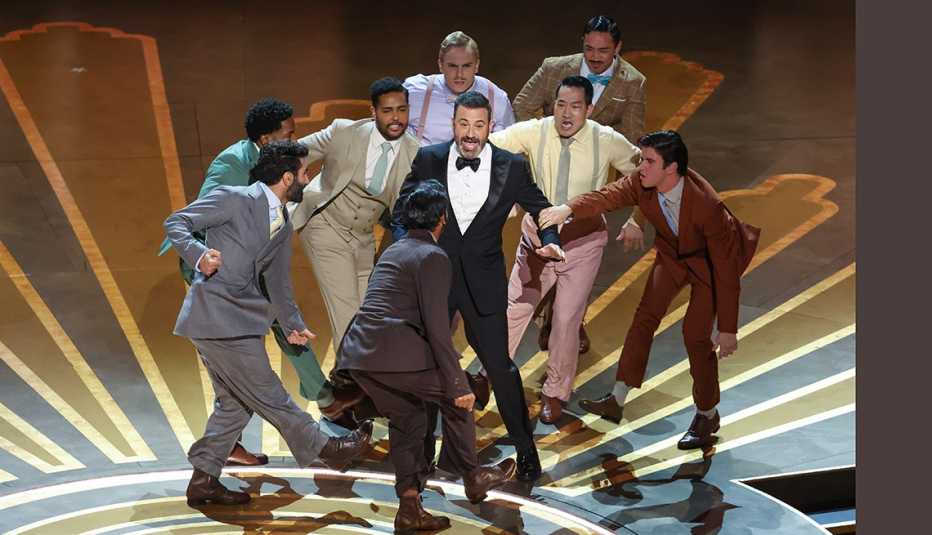 Jimmy Kimmel is danced off stage at the 95th Academy Awards in the Dolby Theatre on March 12, 2023 in Hollywood, California.