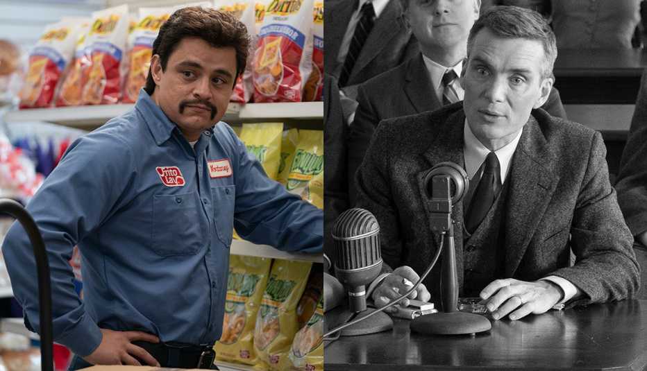 Jesse Garcia standing in the chips aisle at a grocery store in the film Flamin' Hot and Cillian Murphy speaking into a microphone during testimony in the film Oppenheimer