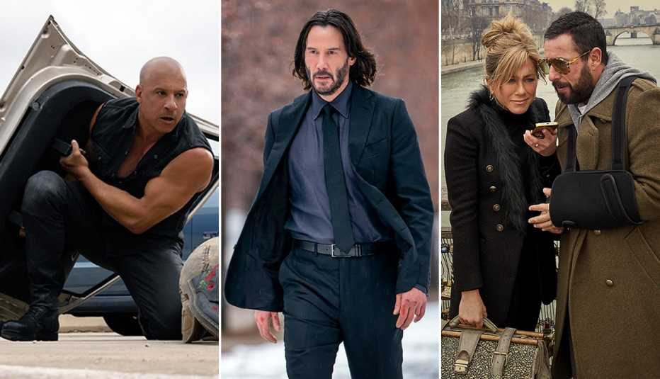 Vin Diesel using a door as a shield in the film Fast X; Keanu Reeves in the film John Wick: Chapter 4; Jennifer Aniston and Adam Sandler in a scene from the film Murder Mystery 2