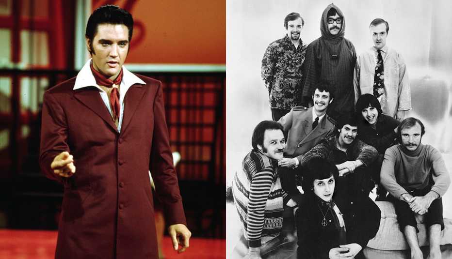 elvis presley performing during his 1968 comeback television special and a group portrait of the music group blood sweat and tears