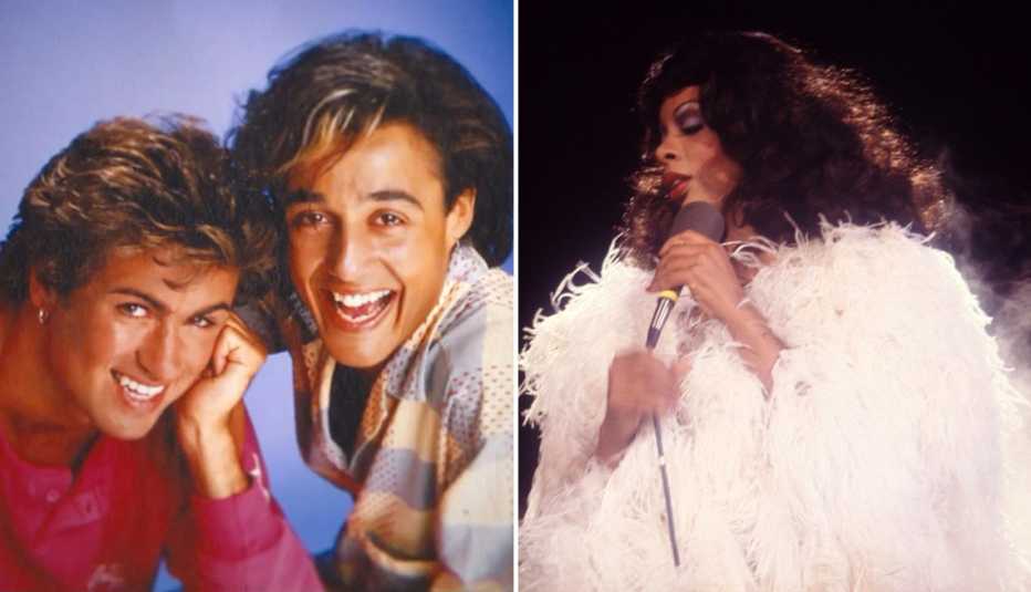 George Michael and Andrew Ridgeley smiling together as members of Wham; Donna Summer holding a microphone while performing