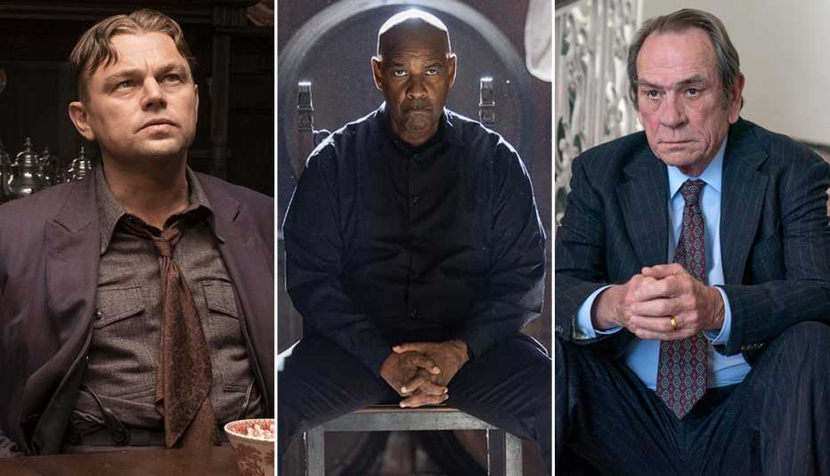 leonardo dicaprio sitting at a table in the film killers of the flower moon denzel washington sits in a chair looking straight ahead in the film the equalizer three and tommy lee jones sitting with his hands together in a scene from the movie the burial