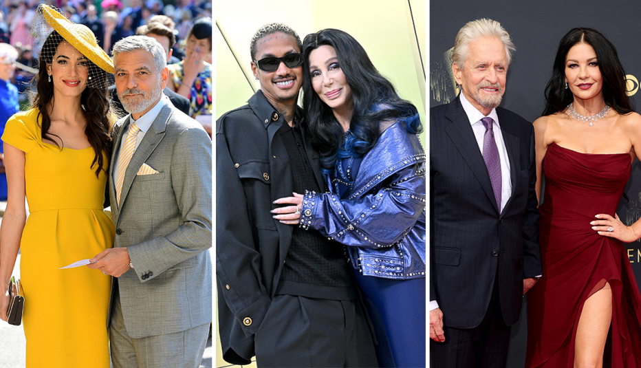from left to right age gap couples george and amal clooney cher and alexander edwards michael douglas and catherine zeta jones