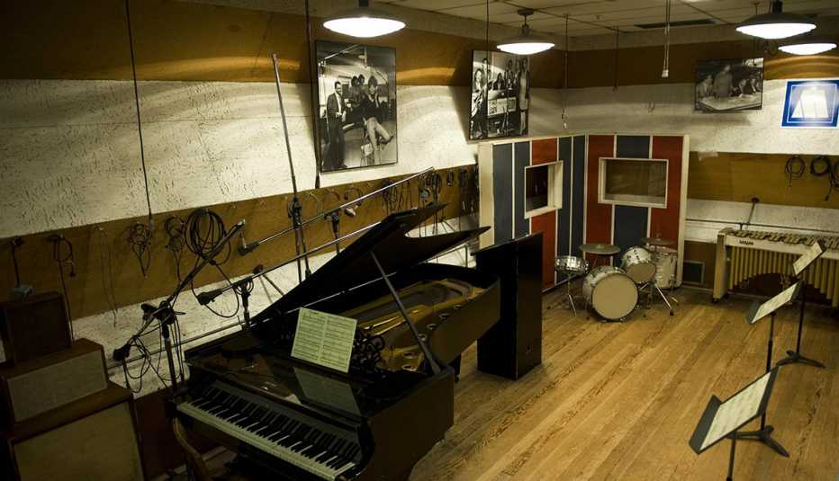 Studio with piano and drums at the Motown Museum