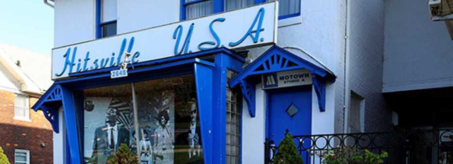 Hitsville U.S.A. building, with Hitsville U.S.A. in blue font on front of building.