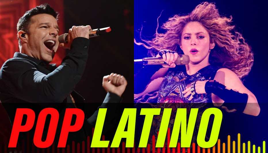 split image of Ricky Martin and Shakira both performing onstage, with the label Pop Latino