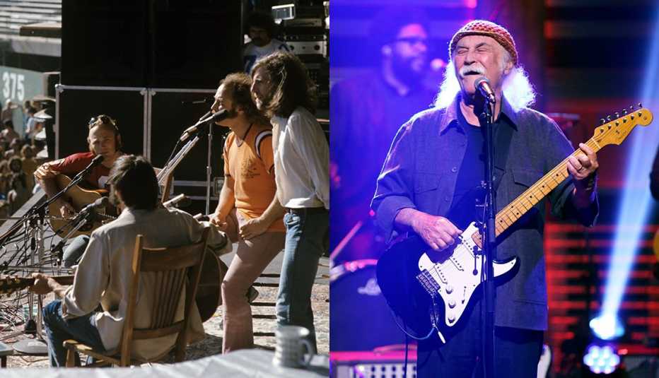 CSNY in 1974; David Crosby in 2019 appearing on The Tonight Show