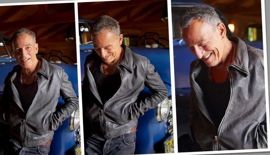 A trio of images of Bruce Springsteen leaning on an antique car in his garage as he smiles and lowers his head