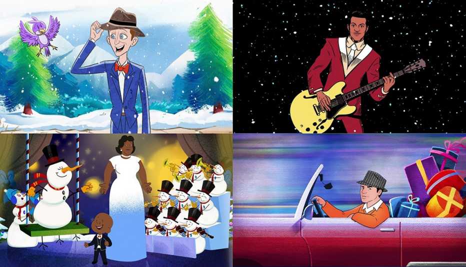 Four images of animated music videos for classic holiday songs featuring Bing Crosby, Chuck Berry, Ella Fitzgerald and Frank Sinatra