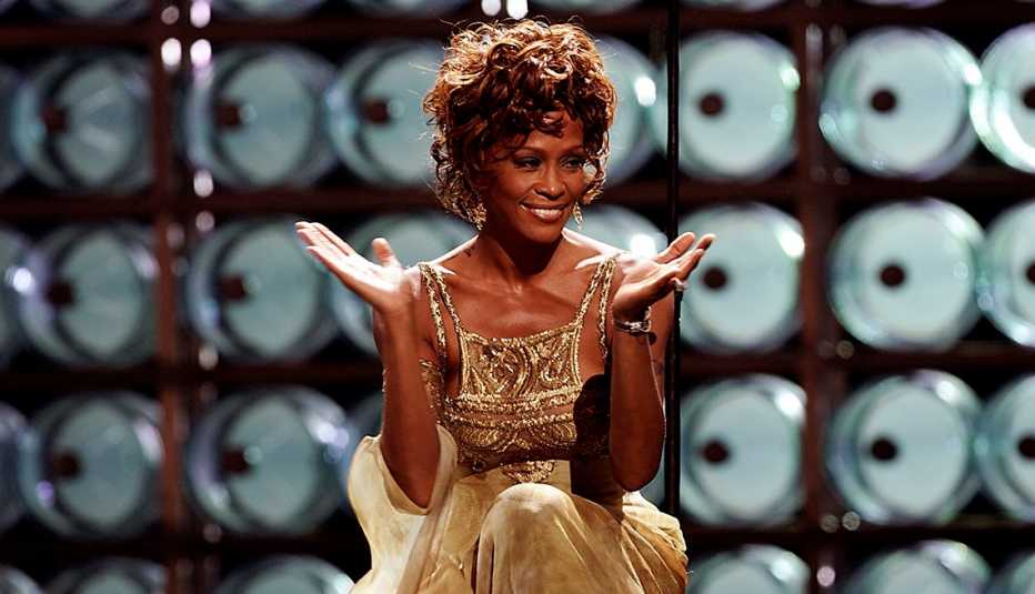 Singer Whitney Houston performing on stage during the 2004 World Music Awards at the Thomas and Mack Center on September 15 2004 in Las Vegas Nevada