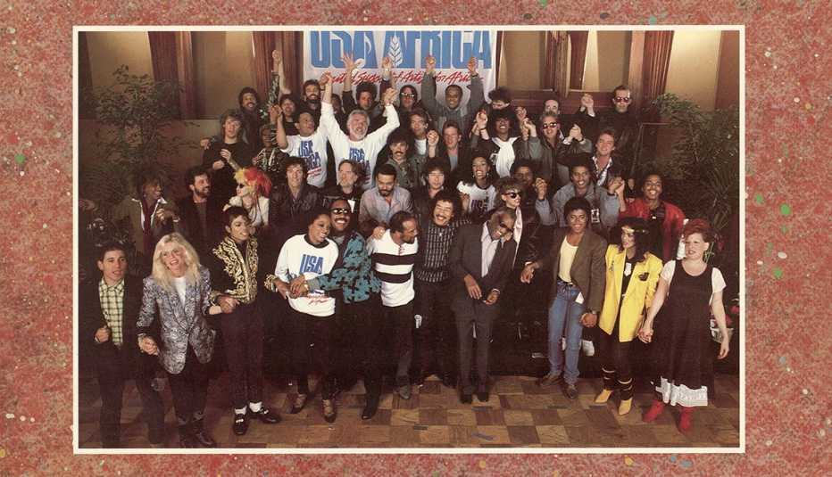 A group photograph of the contributing performers on the front cover of the We Are the World record album