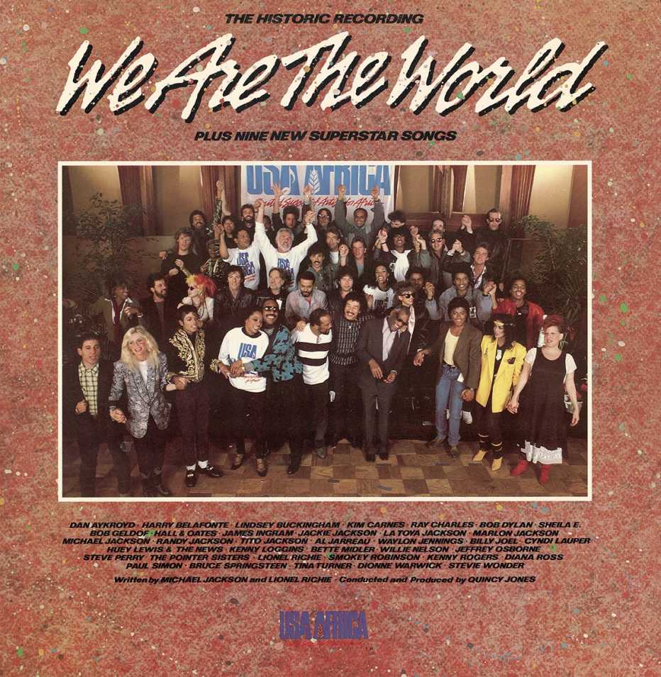 Front cover of the We are the World record album shows the group of musicians together for a photo