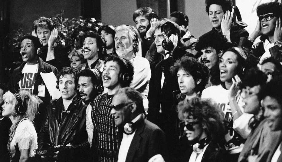 Some of the 45 music artists recording We Are the World in Los Angeles in 1985