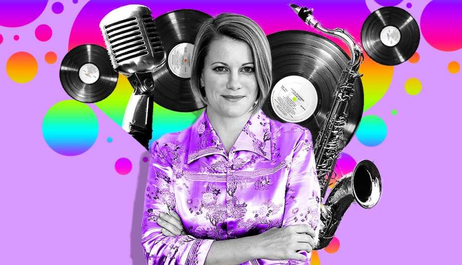 portrait of Maud Hixson in colorful montage of record albums, a microphone and saxophone