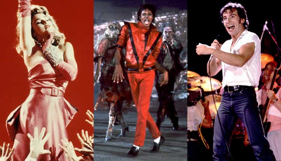 Side by side images of Madonna, Michael Jackson and Bruce Springsteen