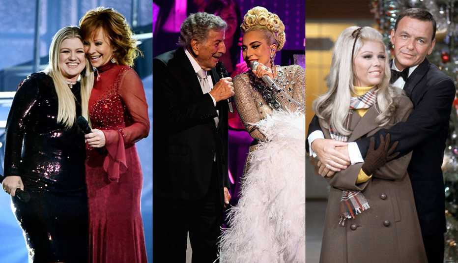 Side by side images of Kelly Clarkson and Reba McEntire together on stage, Tony Bennett and Lady Gaga singing together and Frank Sinatra holding his daughter Nancy in his arms during a television special