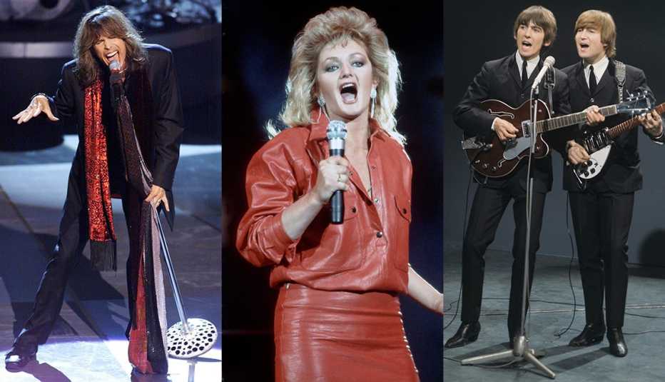 Side-by-side images of Steven Tyler, Bonnie Tyler, George Harrison and John Lennon singing and performing