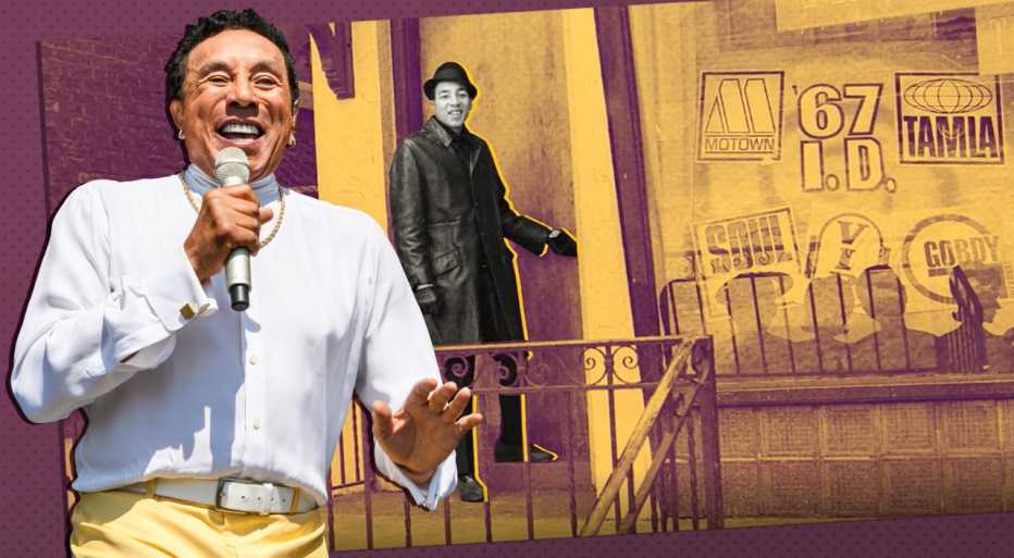 smokey robinson performing at jazz fest in new orleans in two thousand and eighteen overlaid on a vintage photo of him entering the motown record studio as a young man