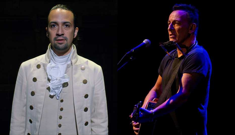 Lin-Manuel Miranda in the filmed version of Hamilton and Bruce Springsteen playing his guitar in Springsteen on Broadway