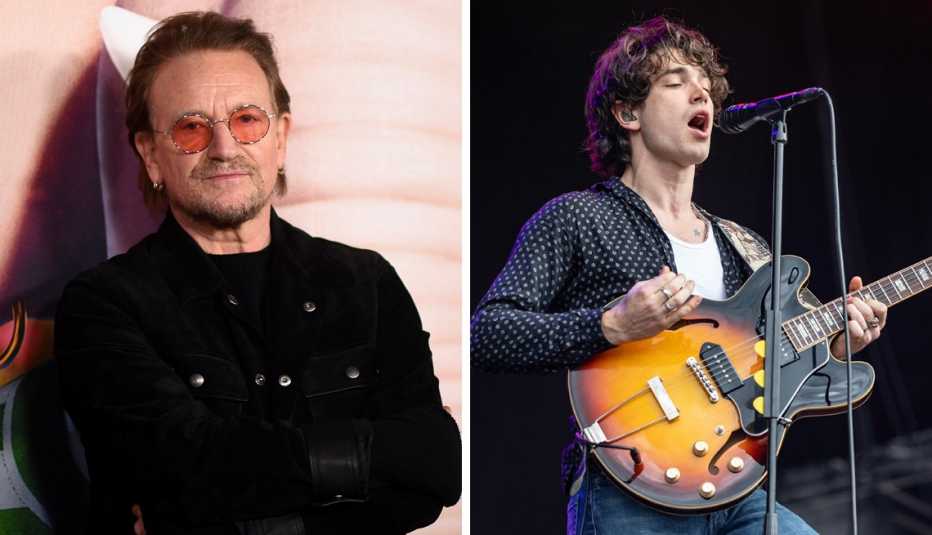 left u two front man bono right his son singer and guitarist of the band inhaler elijah hewson