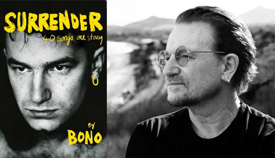 Book cover of U2 frontman Bono's memoir Surrender: 40 Songs, One Story and a photo of Bono looking into the distance