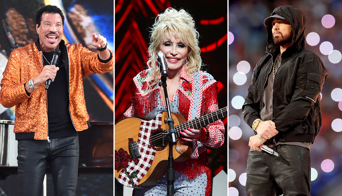 Musician Lionel Richie, Dolly Parton and Eminem performing onstage