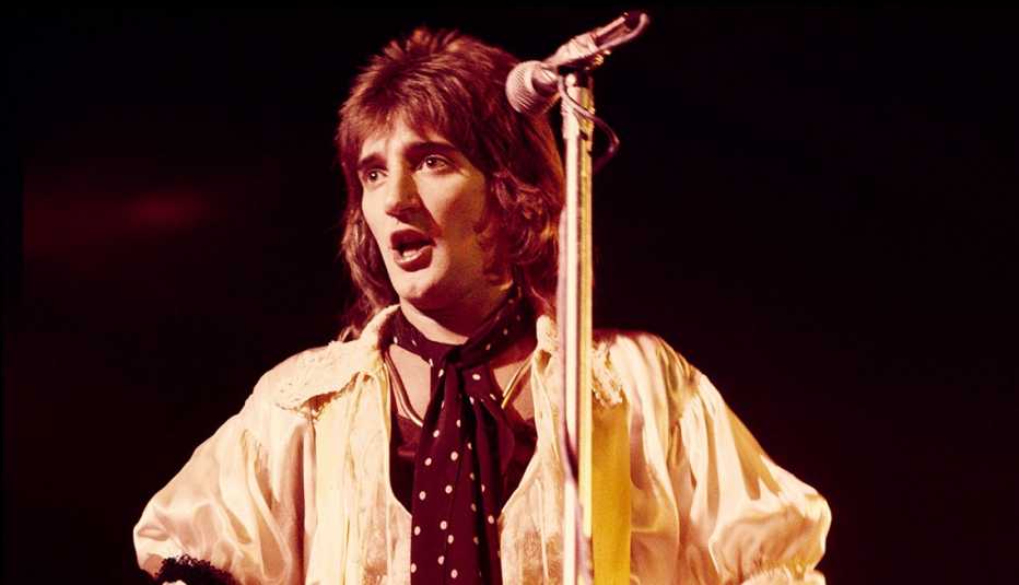 Rod Stewart performing on stage in Copenhagen, Denmark in October 1974