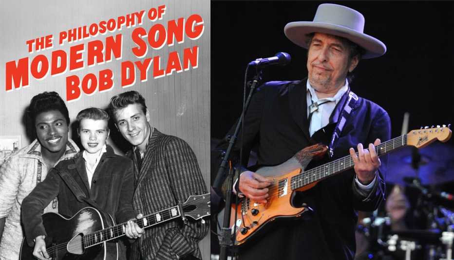 The book cover for Bob Dylan's book The Philosophy of Modern Song next to a photo of Bob Dylan playing an electric guitar onstage at the Vieilles Charrues music festival