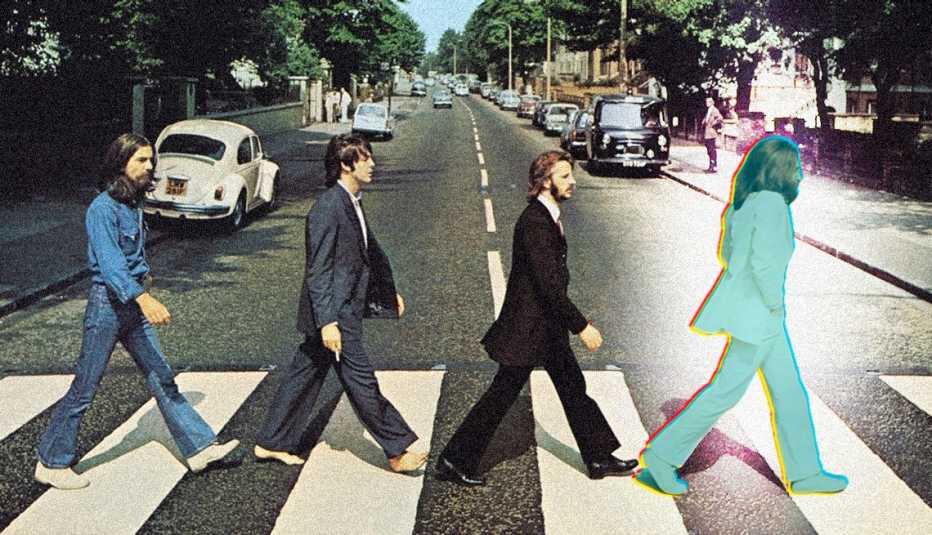 the beatles abbey road album cover with john lennon highlighted in a glowing manner