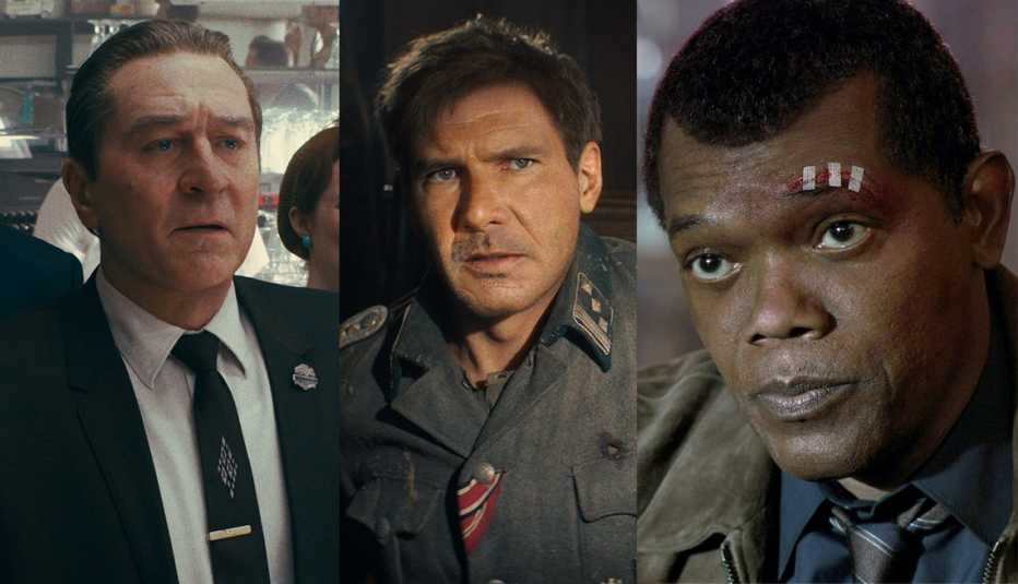 robert de niro in a scene from the irishman harrison ford in indiana jones and the dial of destiny and samuel l jackson in captain marvel