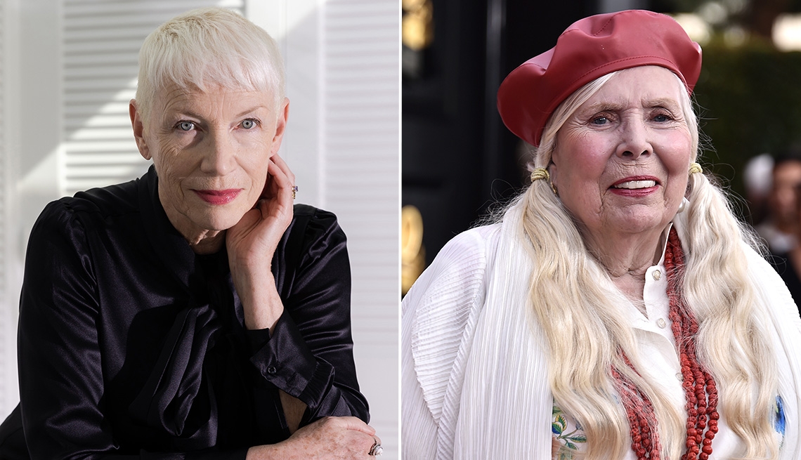 Annie Lennox posing for a portrait in her music studio in Los Angeles and Joni Mitchell arriving at the 64th Annual Grammy Awards