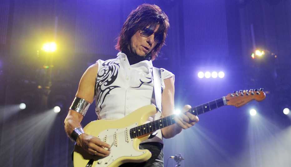 Jeff Beck playing his guitar onstage at the 02 Arena in London, England