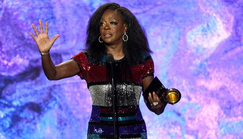 Viola Davis speaking onstage as she accepts the award for best audio book, narration, and storytelling recording at the 65th Grammy Awards