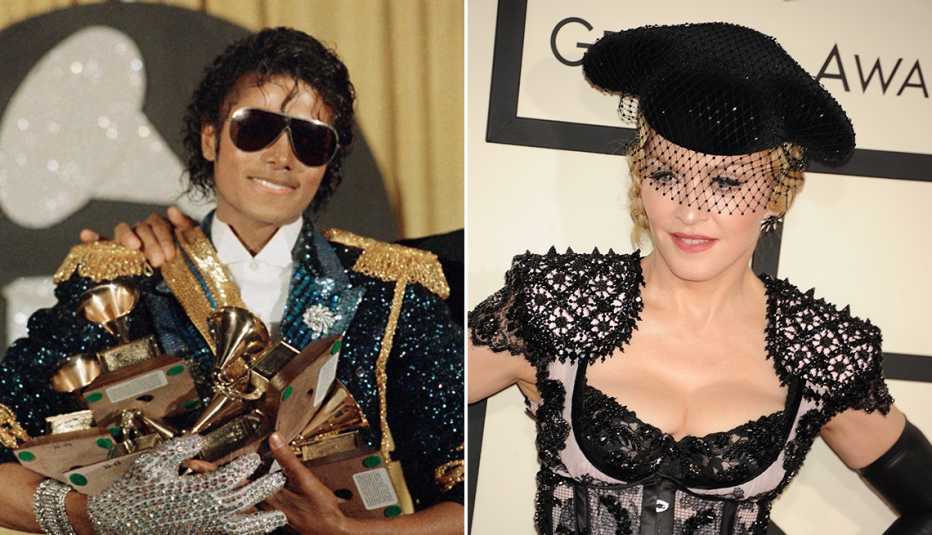 Michael Jackson holding an armful of trophies at the 26th Grammy Awards in 1984 and Madonna on the red carpet at the 57th Grammy Awards in 2015