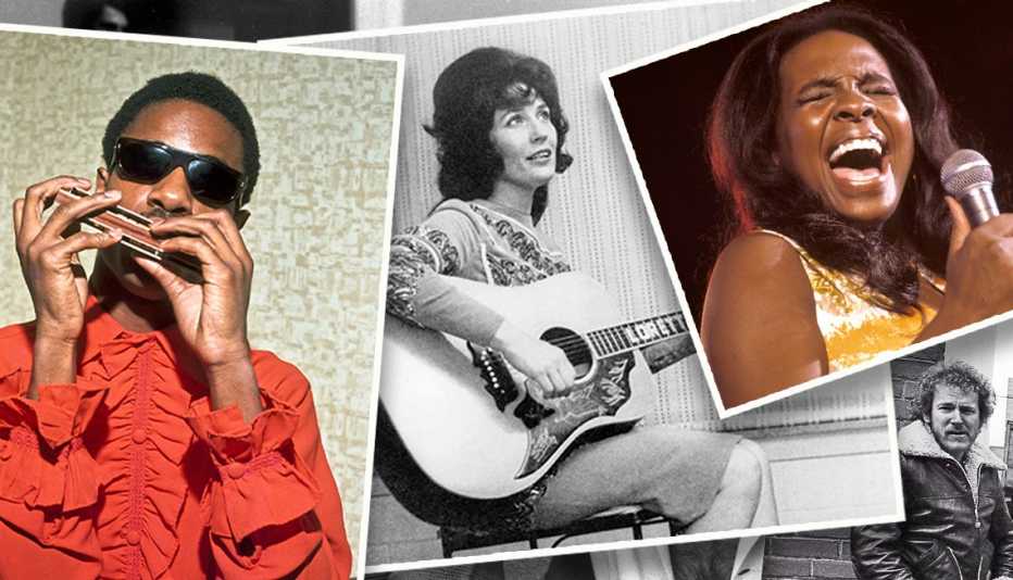 musicians Stevie Wonder, Loretta Lynn, and Gladys Knight in vintage performance photos