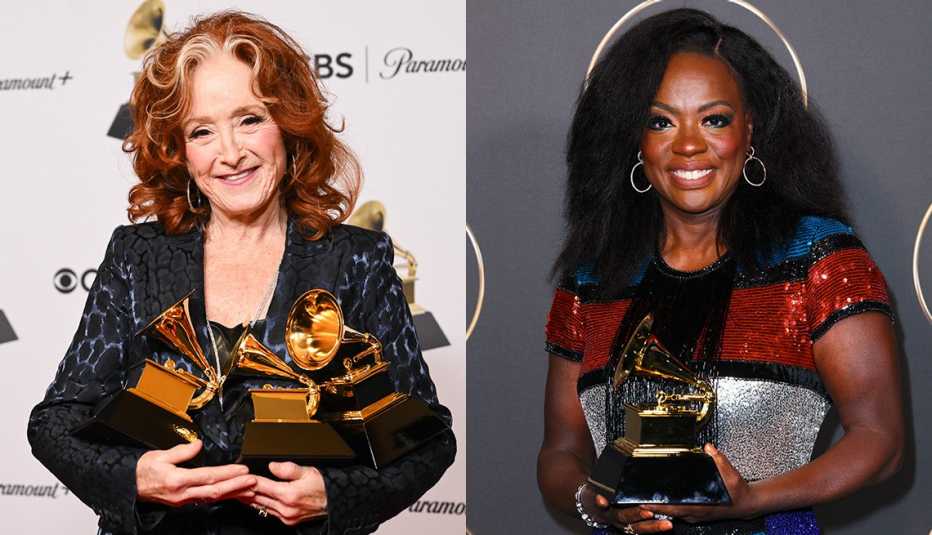 Bonnie Raitt and Viola Davis hold their trophies at the 65th Grammy Awards
