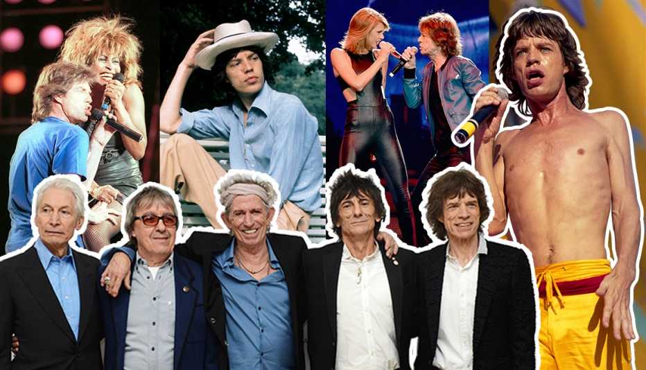 mick jagger collage including with the rolling stones singing with tina turner at live aid onstage shirtless in the nineteen eighties and dueting with taylor swift