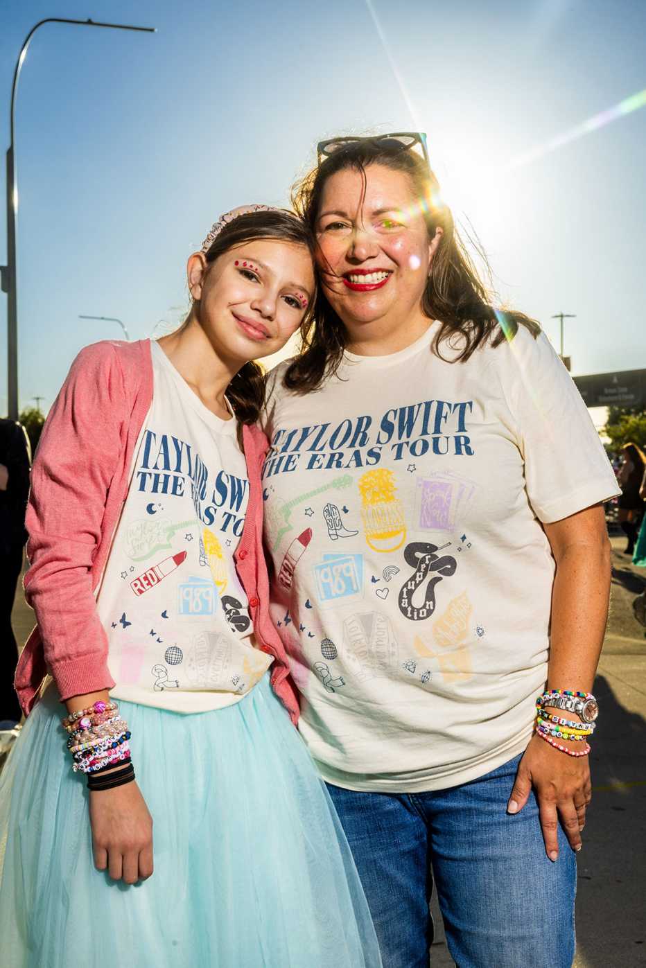 amber tellez and her daughter charlotte mitchell of monrovia california pose outside of sofi stadium in los angeles california 
