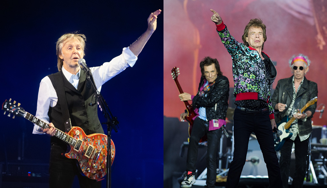 Paul McCartney performs at the Pyramid Stage of the Glastonbury Festival and Ronnie Wood, Mick Jagger and Keith Richards of The Rolling Stones performing at Hippodrome de Longchamp in Paris
