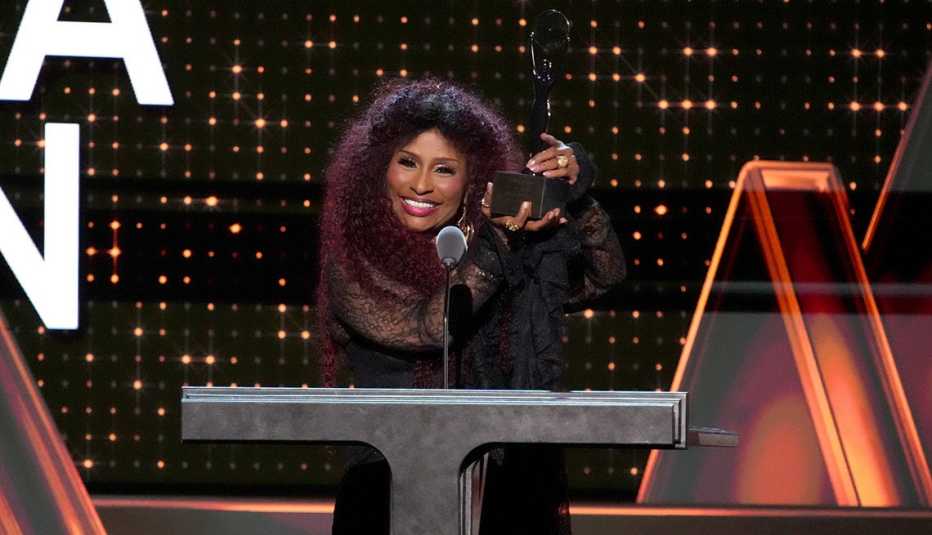 Chaka Khan speaks onstage at the 38th Annual Rock & Roll Hall of Fame Induction Ceremony.