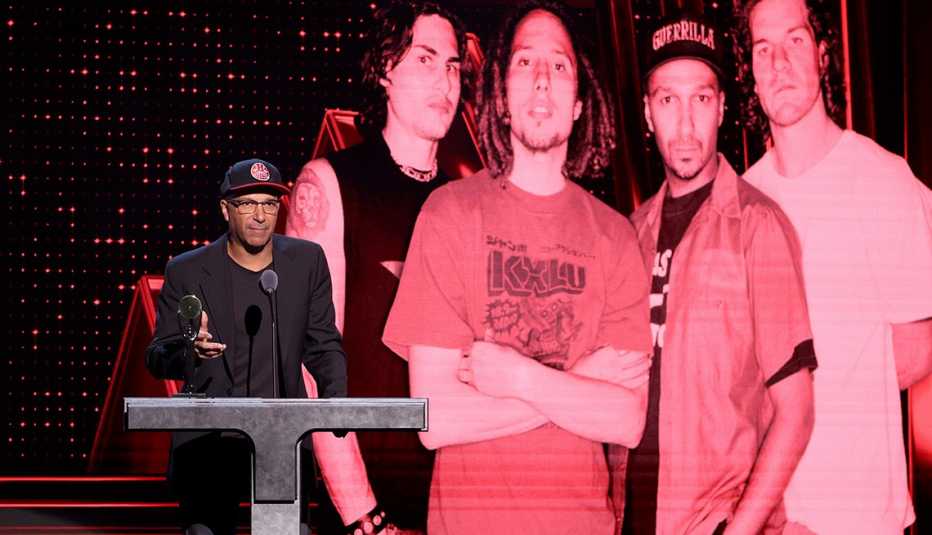 Tom Morello speaks onstage during 38th Annual Rock & Roll Hall of Fame Induction Ceremony.
